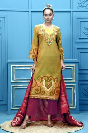 Olive Yellow Joysree Silk Printed & Embroidered Salwar Kameez Set