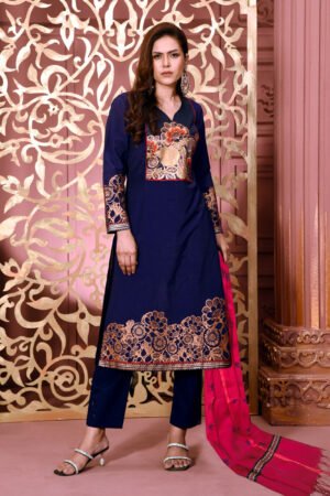 Navy Blue Linen Printed & Karchupi Detailed Salwar Kameez Set