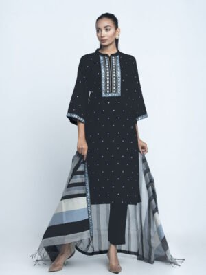 Black Linen Printed & Embroidered Salwar Kameez Set