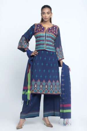 Navy Blue Linen Printed & Hand Embroidered Salwar Kameez Set