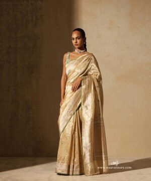 Kalindi — Gold Handloom Pure Tissue Banarasi Saree With Meenakari Parrot Motifs