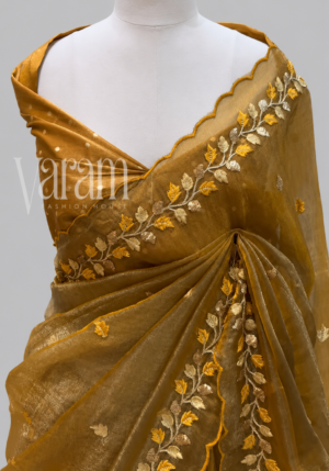 Leaf Trail: Soft Shimmer Tissue Saree With Floral Vine Embroidery | Festive Wear