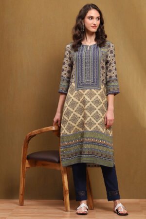Green Printed Straight Kurta
