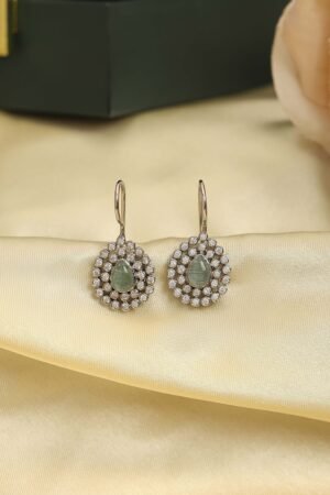 Green Silver Plated Brass Studded Drop Earrings