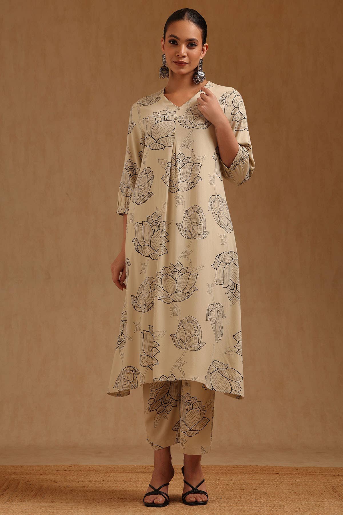 Beige Rayon Floral Print Co-Ord Set