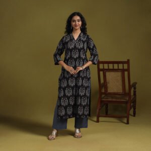 Black - Natural Dyed Cotton Block Print Straight Ajrakh Kurta For Women 04