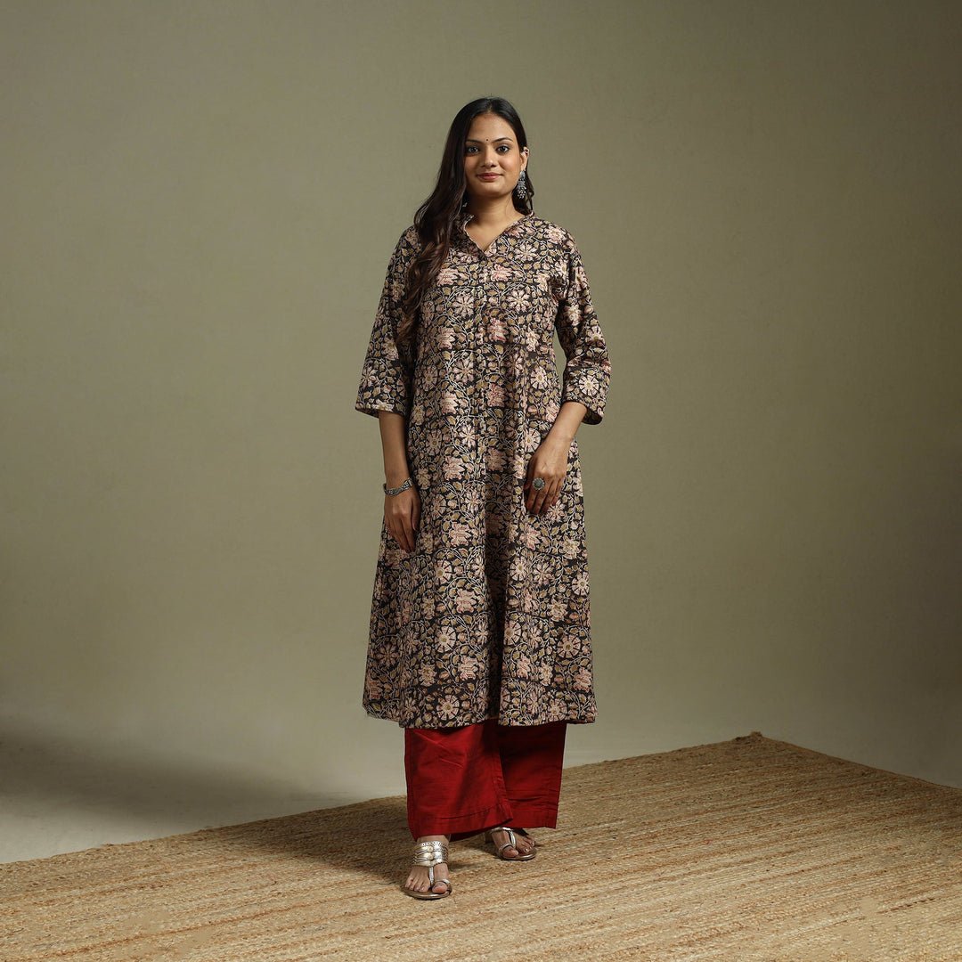 Black - Pedana Block Print Natural Dyed Cotton A-Line Kalamkari Kurta 02