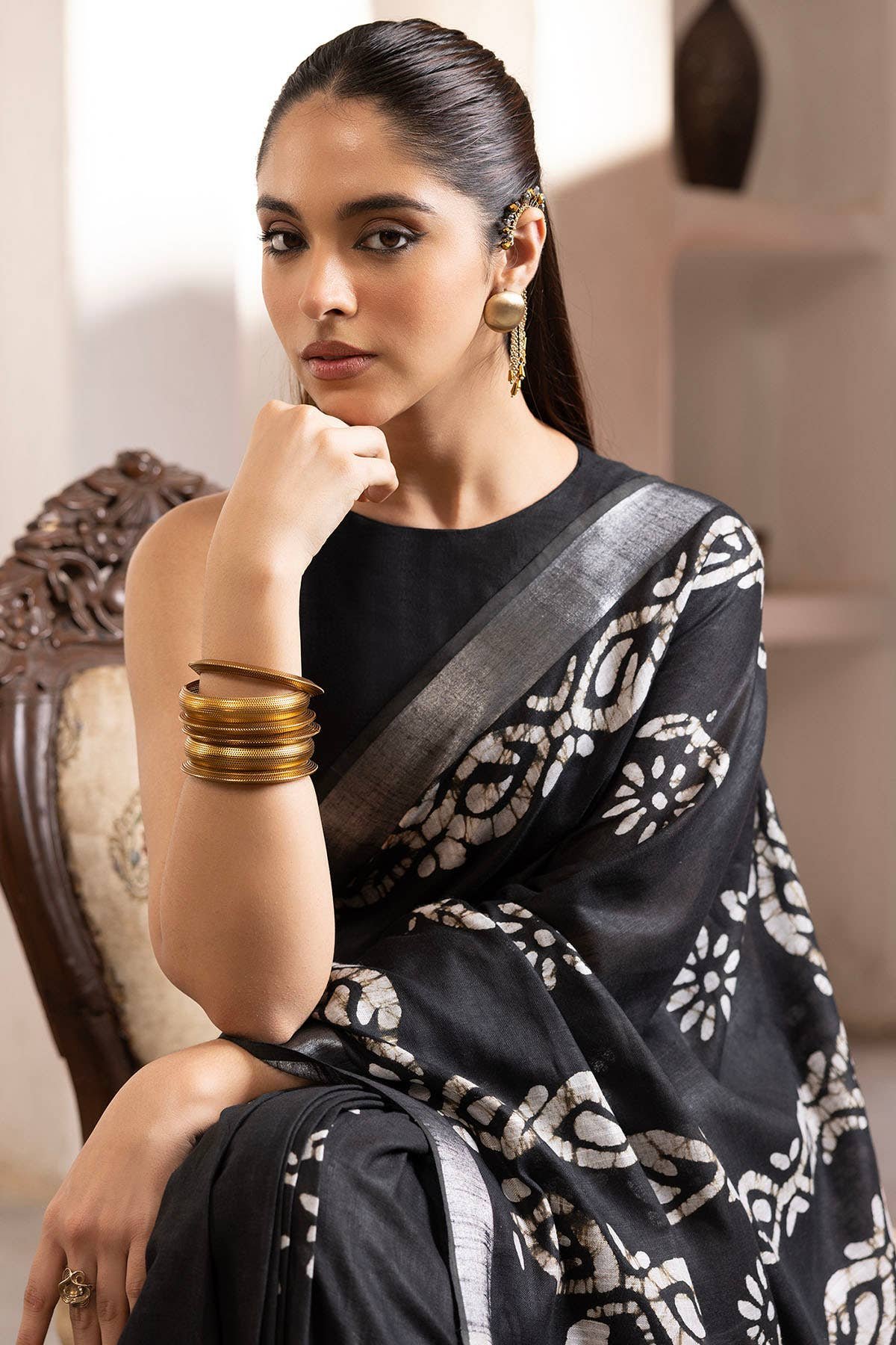 Black Linen Batik Print Sarees With Tassels