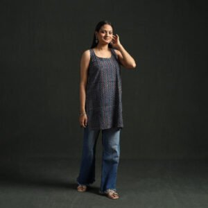 Blue - Hand Block Print Natural Dyed Cotton Short Ajrakh Kurta For Women 06