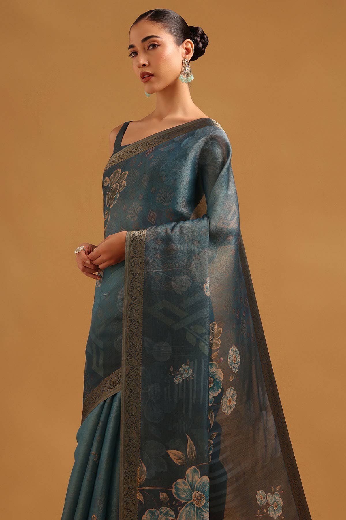 Blue Tissue Botanical Printed Saree