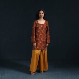 Brown - Mercerised Cotton Short Pochampally Ikat Kurta For Women 13