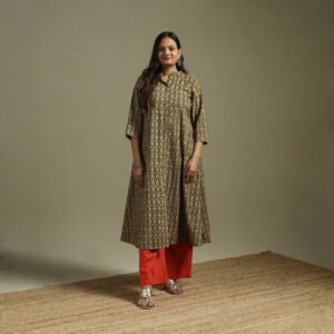 Brown - Pedana Block Print Natural Dyed Cotton A-Line Kalamkari Kurta 03