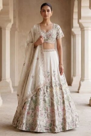 Cream Resham Embroidered Tissue Sangeet Lehenga With Pentagon Neck Blouse-Ac1029