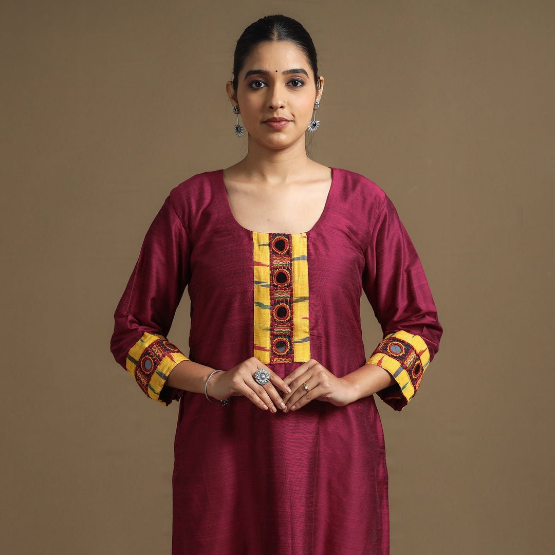 Dark Pink - Plain Slub Silk Kurta With Ikat Patchwork