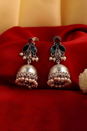 Silver Toned & Blue Oxidised Brass Studded Jhumkas