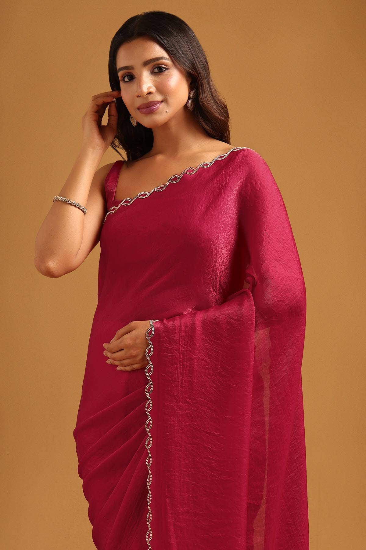 Fuchsia Fendy Organza Stonework Embellished Saree