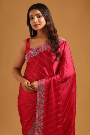 Fuchsia Satin Stonework Embellished Saree