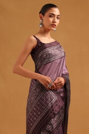 Lavender Tussar Kantha Embroidered Saree