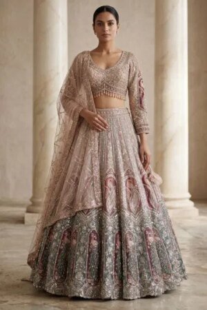 Light Beige Sequins Embroidered Net Sangeet Lehenga With Curved V Neck Blouse-Ac1036
