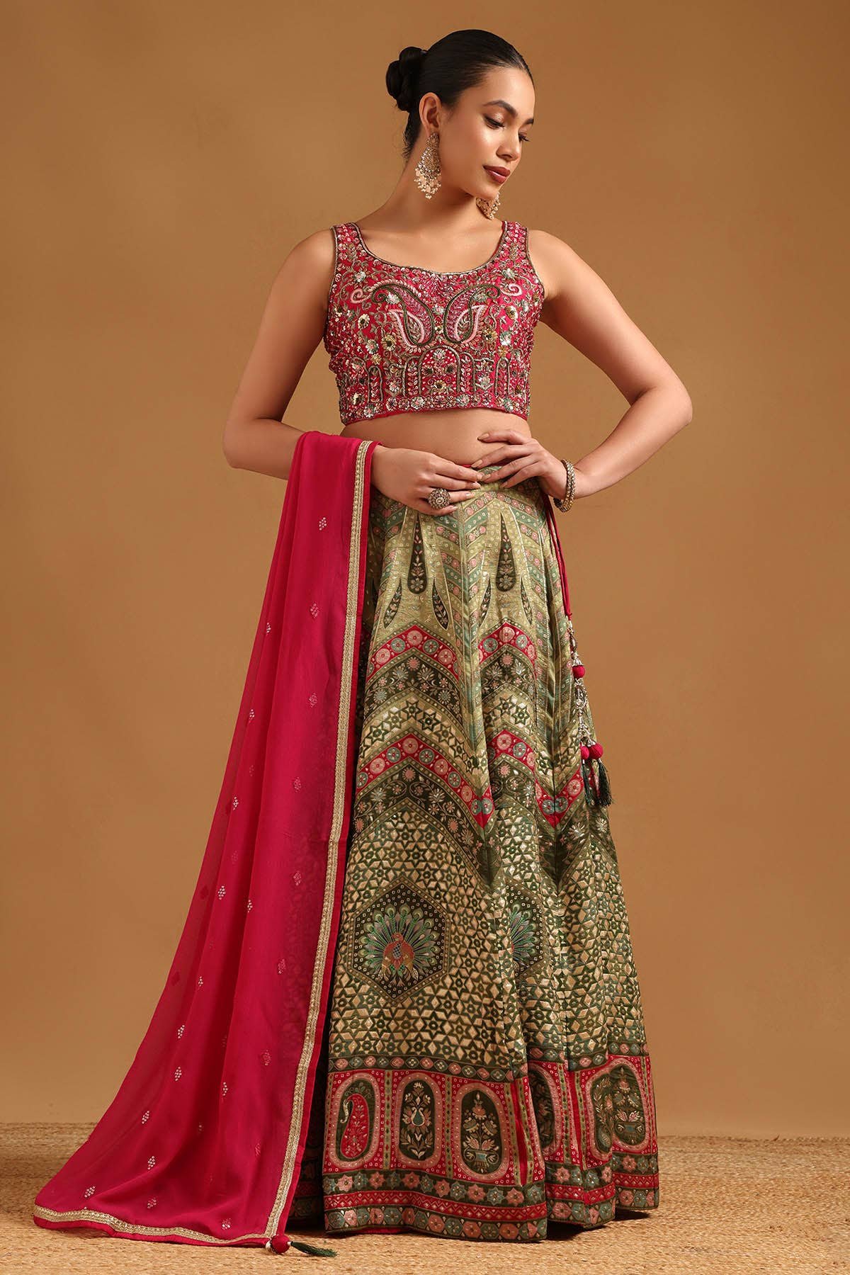 Magenta Viscose Botanical Lehenga Set With Aari Embroidery