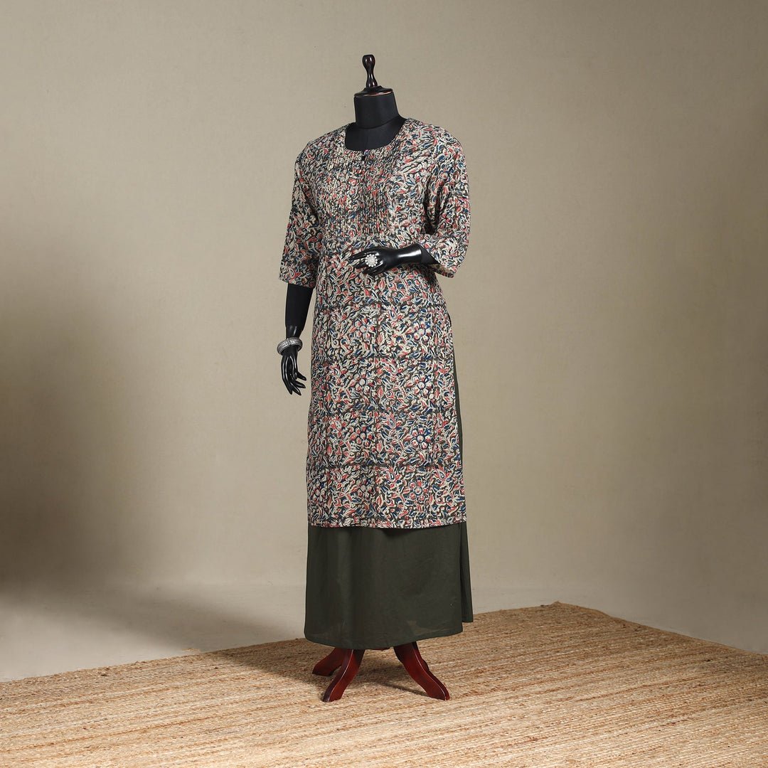 Multicolor - Pedana Block Print Natural Dyed Cotton Straight Pintuck Kalamkari Kurta 11