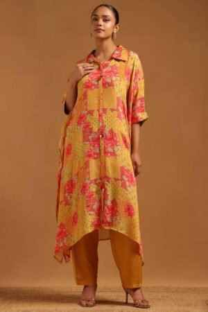 Mustard Chinon Botanical Kaftan Suit With Beads