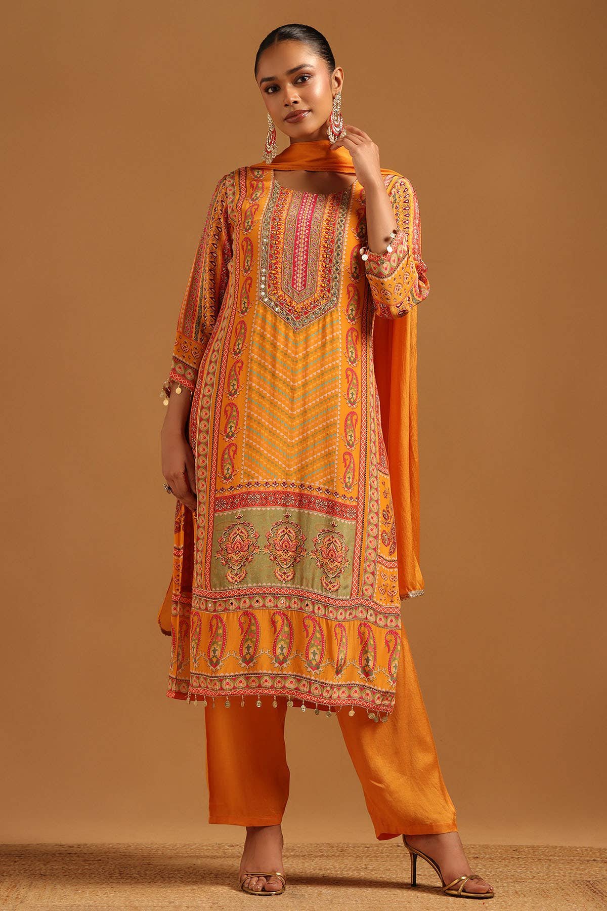 Mustard Viscose Muslin Paisley Printed Machine Weave Mirror-Work Salwar Suit