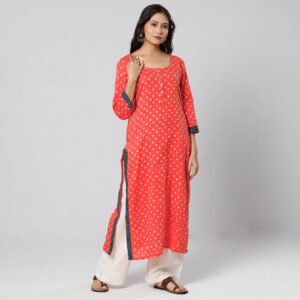 Orange - Bandhani Tie-Dye Cotton Long Straight Kurta For Women 32