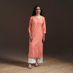 Peach - Hand Embroidery Straight Cotton Jacquard Kurta For Women 11