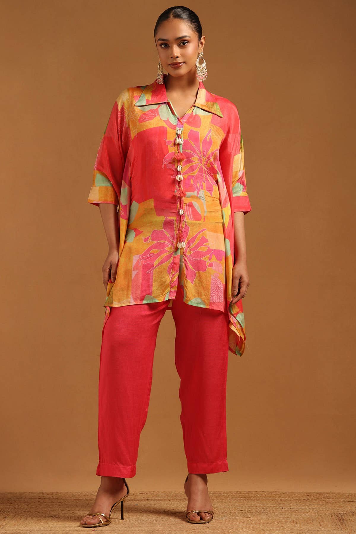 Pink Chinon Botanical Kaftan Suit With Hand Embroidery And Bead Details