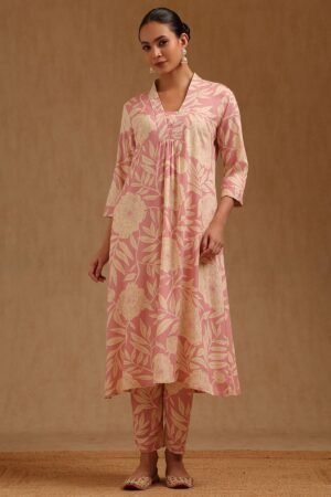Pink Rayon Botanical Print Co-Ord Set