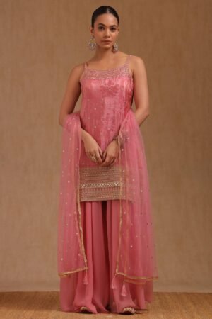 Pink Tissue Suit Set With Sequins