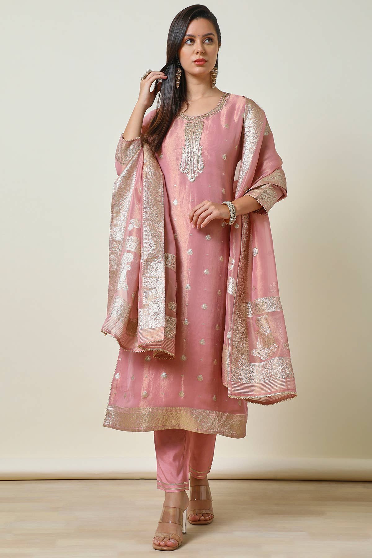 Pink Zari Woven Straight Tissue Suit Set With Sequins