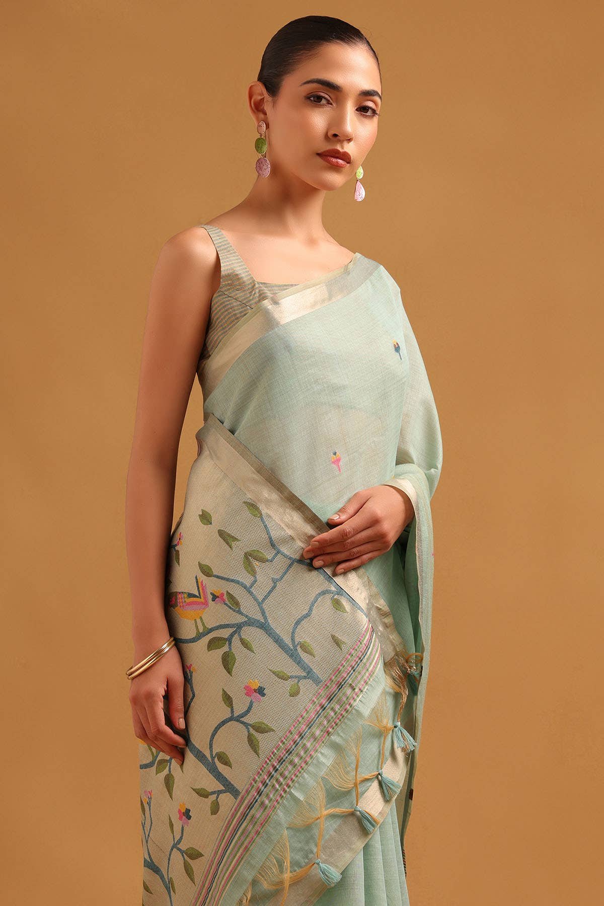 Powder Blue Chanderi Bird Motifs Woven Design Saree