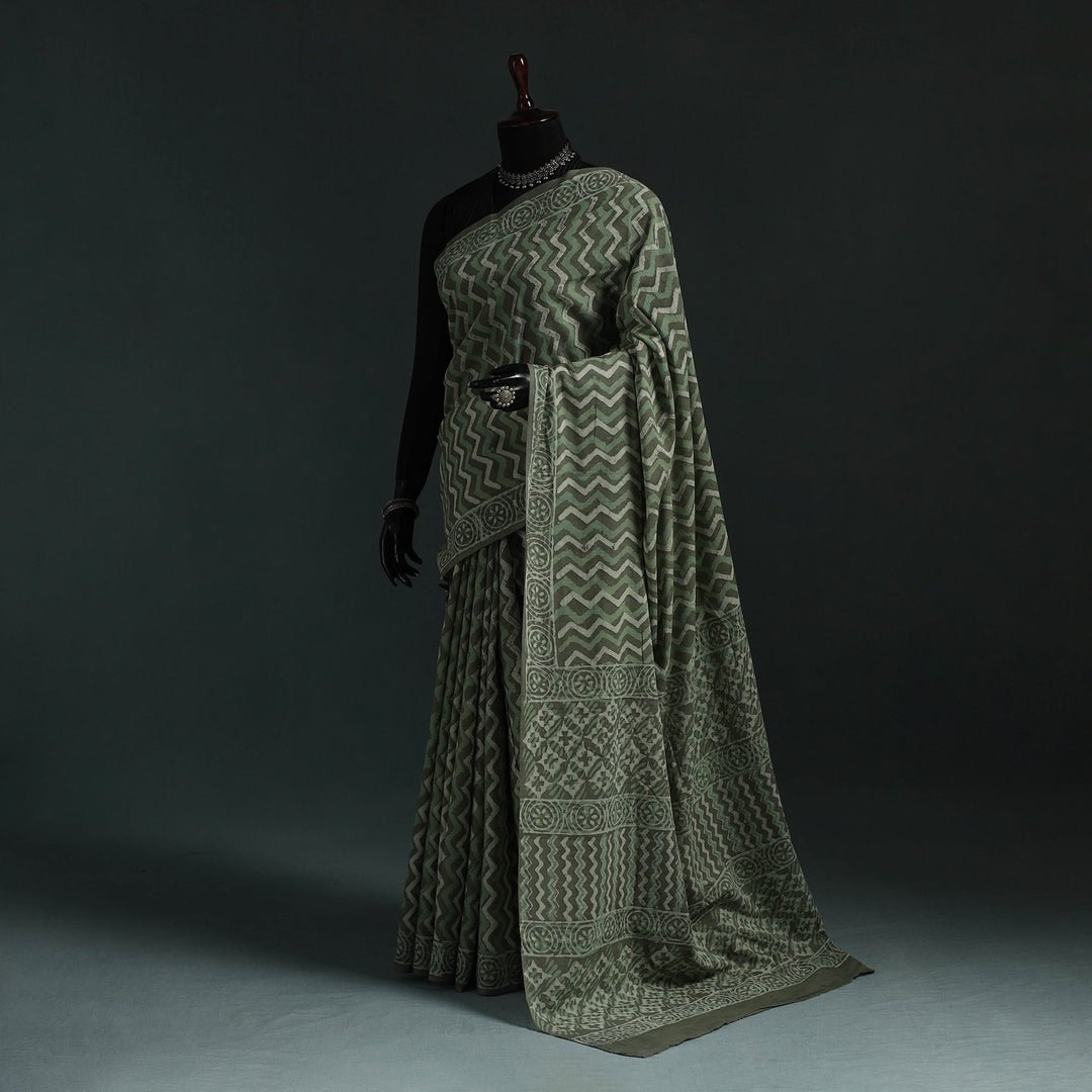 Green - Pure Mul Cotton Hand Block Batik Print Saree 12