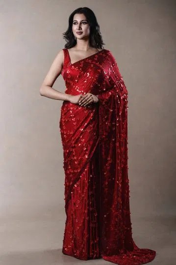 Red Stone Satin Designer Saree With Stone Embroidery And Unstitched Blouse-Ac2456