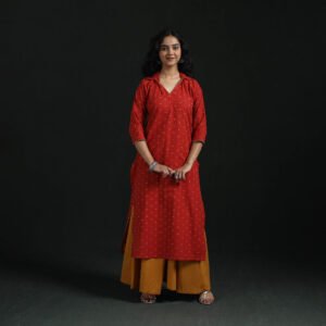 Red - Straight Cotton Jacquard Kurta For Women 01