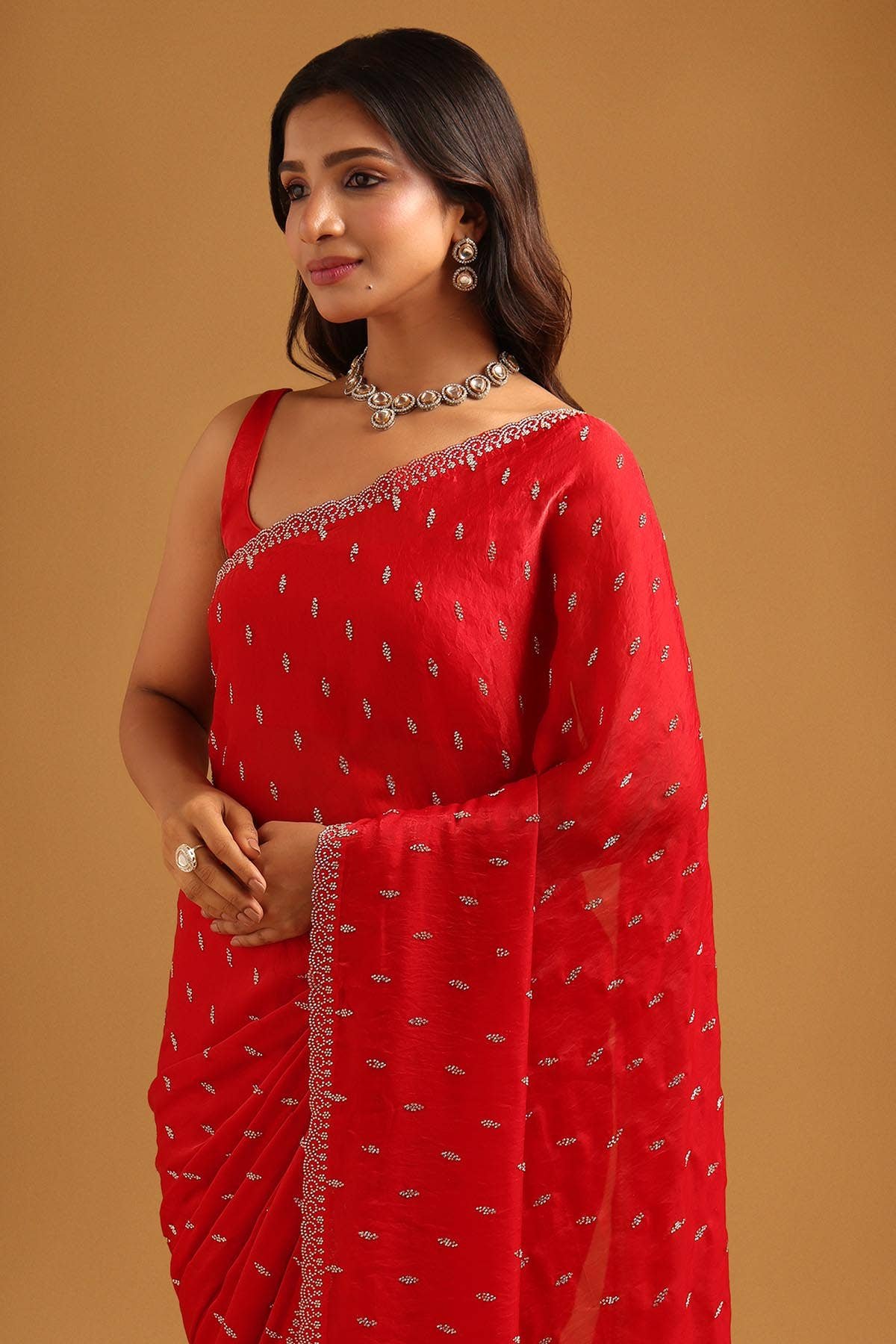 Red Fendy Organza Stonework Embellished Saree
