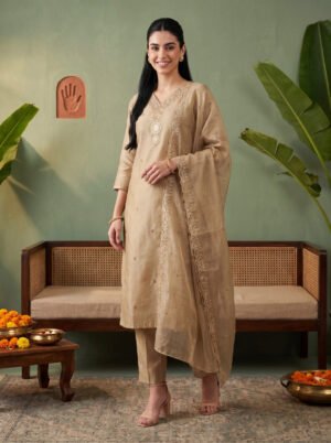 Beige Embroidered Regular Kurta Set