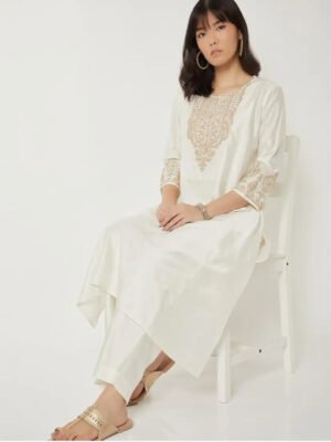 Embroidered Off-White Straight Kurta Set