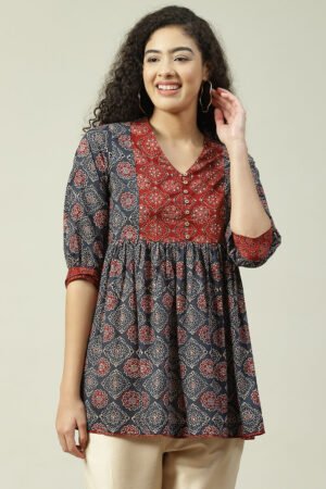 Blue Cotton Flared Printed Short Kurti