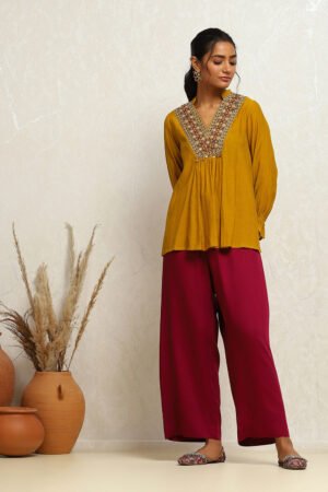 Mustard Yellow Embroidered A-Line Kurti