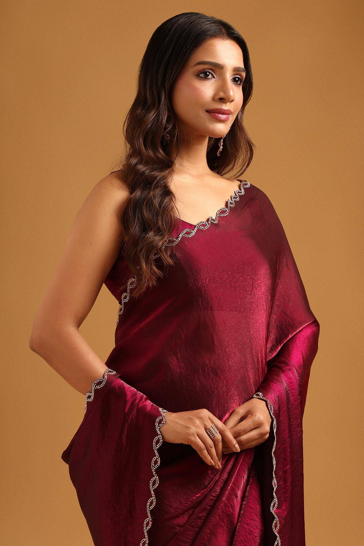Wine Fendy Organza Stone Work Embellished Saree