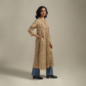 Yellow - Block Print Cotton A-Line Sanganeri Kurta 32