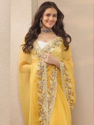 Yellow Embroidered Pure Chiffon Saree W...