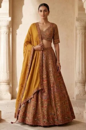 Yellow Georgette Sangeet Lehenga With Embroidered Leaf Neck Blouse-Ac1038