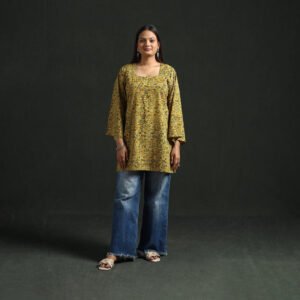 Yellow - Hand Block Print Natural Dyed Cotton Short Ajrakh Kurta For Women 02