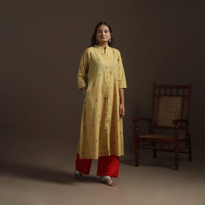 Yellow - A-Line Cotton Jacquard Kurta For Women 02