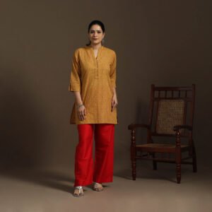 Yellow - Short Cotton Jacquard Kurta For Women 20