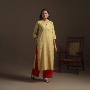 Yellow - Straight Cotton Hand Embroidered Jacquard Kurta For Women 07